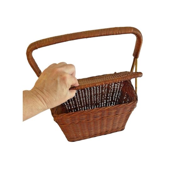 Vintage Coated Wicker Hinged Lidded Basket Stationary Handle Rectangle Storage - Picture 10 of 15